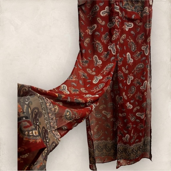 Oober Swank Duster Top Deep Red Sheer Paisley Layering Split - Size Small - Picture 3 of 11